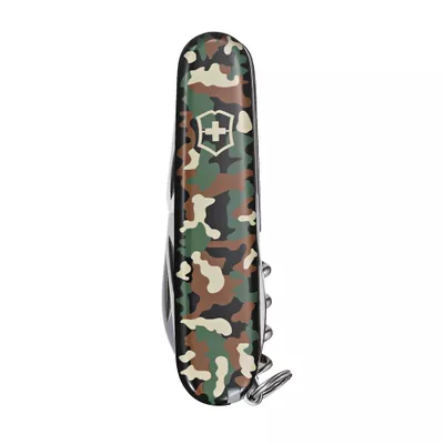 Navaja Victorinox Huntsman Camuflaje Verde de 15 funciones fabricada en Suiza para camping, senderismo, pesca y actividades outdoor.