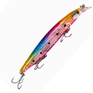 Señuelo Sakana Kosen 125mm 23g modelo Rainbow, multicolor, hundimiento lento, ideal para pesca en mar.