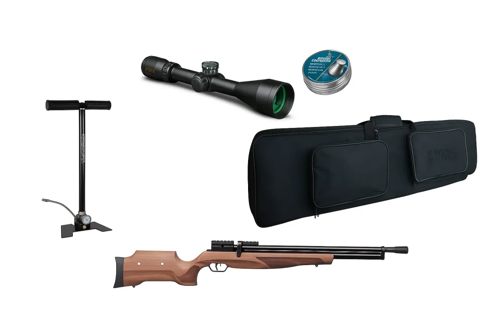 Kit rifle PCP Cayden 5,5 con bombín Crosman, mira Konus, postones H&N y funda Swiss Arms, ideal para tiro deportivo y uso profesional.