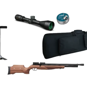 Kit rifle PCP Cayden 5,5 con bombín Crosman, mira Konus, postones H&N y funda Swiss Arms, ideal para tiro deportivo y uso profesional.