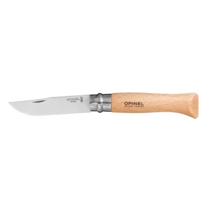 Cuchillo Opinel N°9 de acero inoxidable con hoja abierta sobre fondo blanco