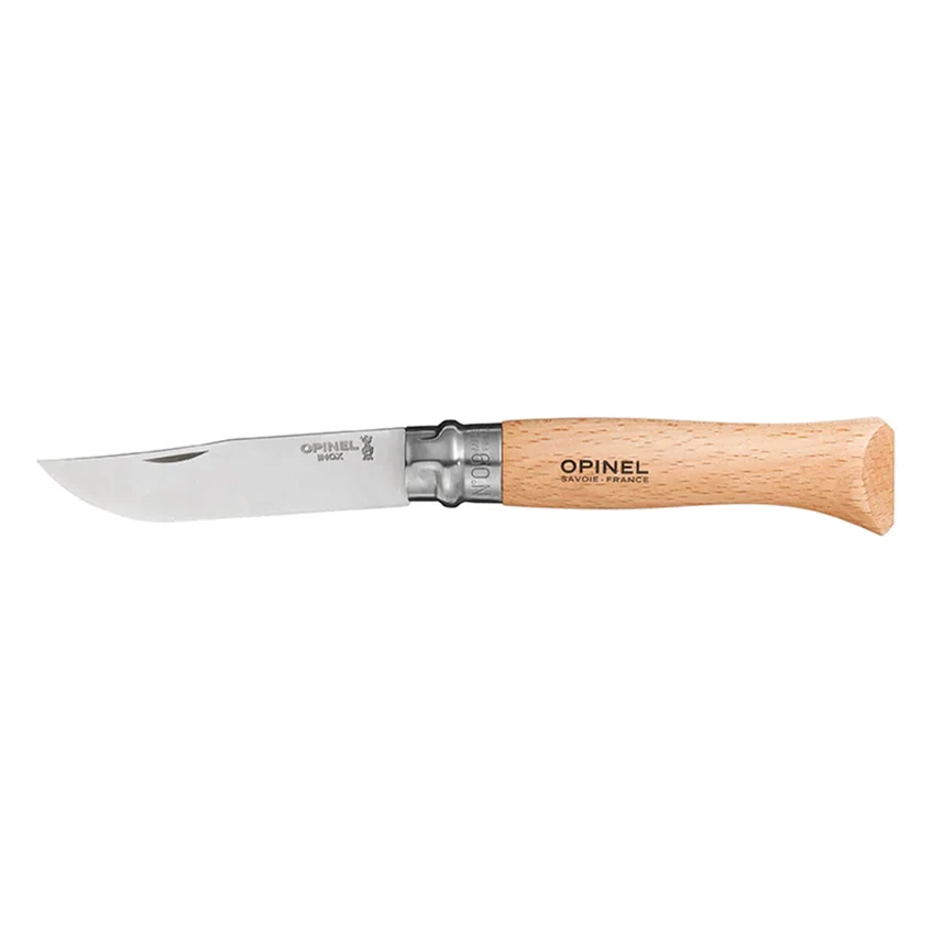 Cuchillo Opinel N°9 de acero inoxidable con hoja abierta sobre fondo blanco